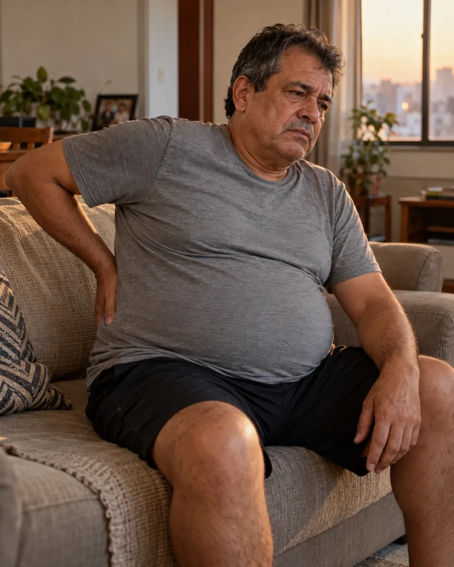 Homem de mais de 50 anos com barriga, cansado no sofá, com a mão na lombar